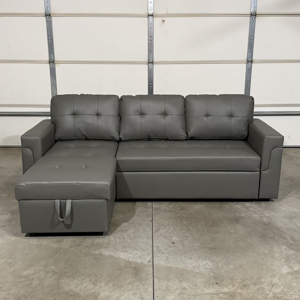 New Gray Leather Sofa Bed Sectional / Couch with Chaise (Can Deliver)