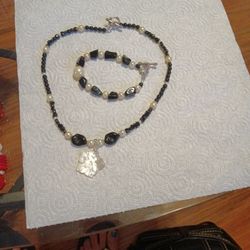  18 inch Black Onyx with Pearl Beads & Genuine Fresh Water Pearl Charm Necklace & Bracelet 