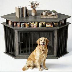 IRONCK Corner Dog Crate Furniture with 2-Tier Shelves, Grey