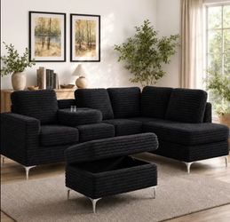 New black sectional with storage ottoman and drop-down cupholder, pay on arrival