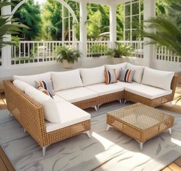 Assembled New 7 Piece Outdoor Patio Furniture Sets - 8-Seat PE Wicker Sectional Sofa w/Rattan Chaise