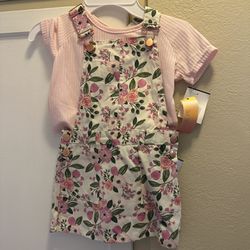Flowery Overall Dress With Pink Shirt Size 5 Girls