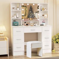 Makeup desk with mirror and lights, white makeup table set with stool and storage drawers, vanity with lights for bedroom, dressing table for women, t