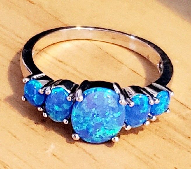 Silvertone And Blue Opal Ring