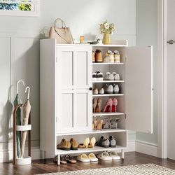 Shoe Storage Cabinet with Cross Molding Doors, 6-Tier Farmhouse Shoe Cabinet with 3 Adjustable Shelves and Metal Legs, 45'' Tall Shoes Rack Organizer 