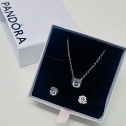 Pandora Blue Pansy Flower Necklace/earrings Silver