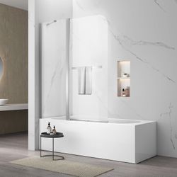 Tub Shower Door 36"55", Bifold Bathtub Door With Tempered Glass, Frameless Glass With Towel Bar, for Bathtub in Chrome