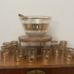 Vintage MCM Retro Culver Antigua Glassware Punch Bowl Set