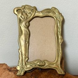 Vintage Solid Brass Art Nouveau Photo Frame Mucha Esque Woman And Floral Embellishments Accent Decor