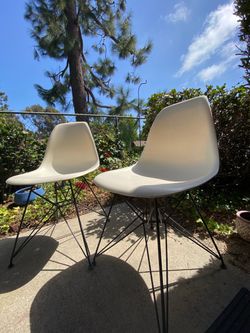Pair of White Shell Chairs with Wire Base