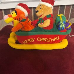 vintage Disney Winnie the Pooh and Tigger animated Christmas musical plush sleigh