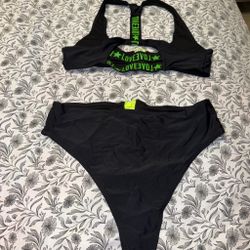 Black Two-Piece Bikini Set with Green Logo