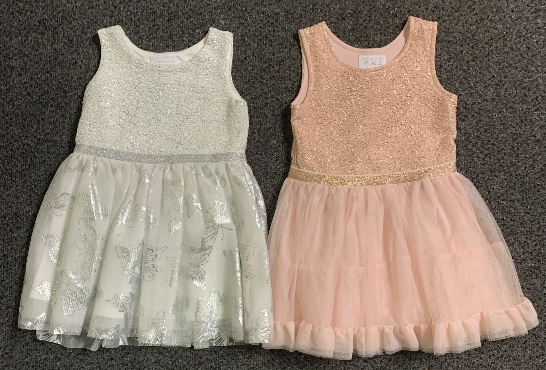 Two The Children’s Place toddler girls size 3T shimmery silver white butterfly and pink tulle tutu dresses