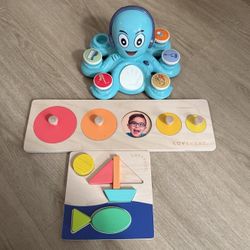 Octopus musical toy and Lovevery circle of friends and double side puzzles