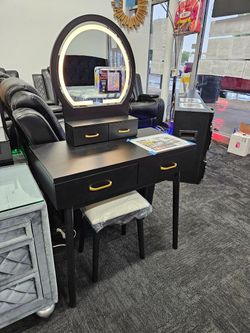 New box black vanity set LED mirror and stool