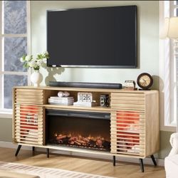 OKD 70" Fireplace TV Stand for TVs up to 80" , Entertainment Center with 36" Electric Fireplace, Natural Oak