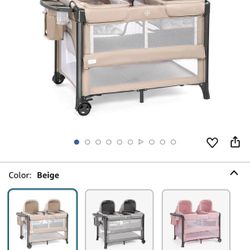 JOYMOR Twin Bassinet for Baby, Beige Bedside Bassinet, Convertible to Bedside Sleeper and Playpen, with Wheel, Brake, Foldable Side