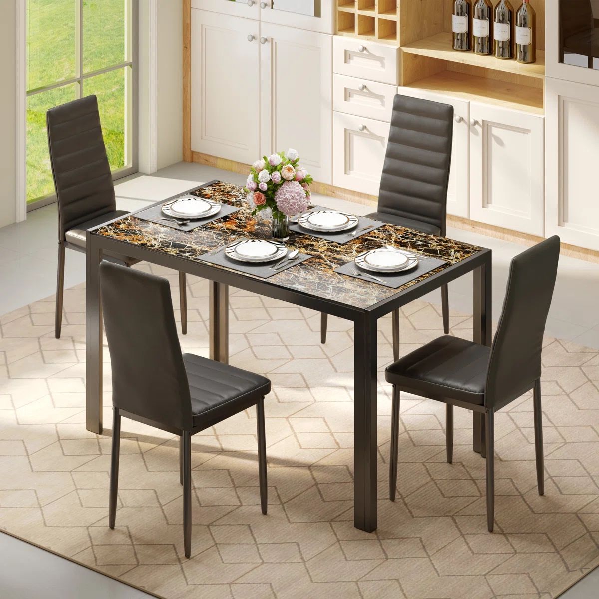 (279$) 5-Piece Rectangular Glass Top Dining Set with Cushioned Chairs.