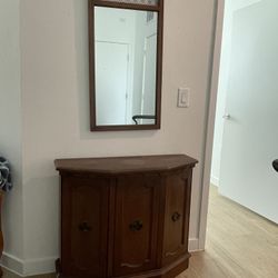 Antique Wood Table/cabinet And Mirror