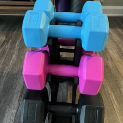 Plastic Dumbbells Three Pairs Stand Included
