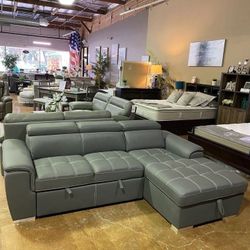 2 Piece Sectional Pull Out Bed And Storage With Adjustable Headrests