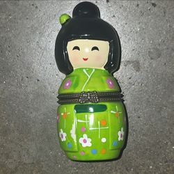 Vintage Kokeshi-Style Doll Floral Hinged Trinket Box with Metal Clasp