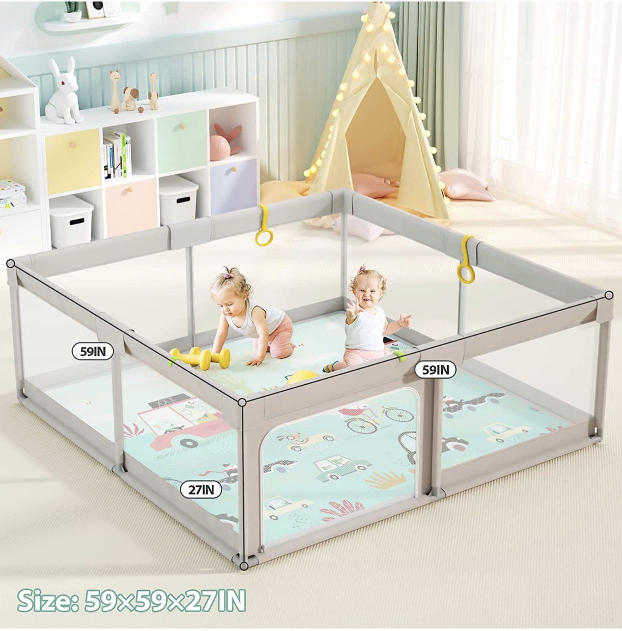 Playpen with Mat, 59x59inch Baby Playpen for Babies and Toddlers, Extra Large Baby Playpen with Mat,Baby Fence,Play Yard for Baby