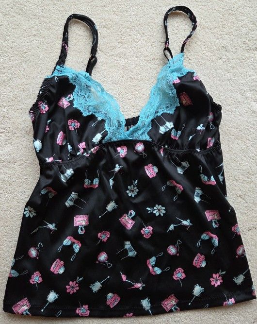 Nicole Miller Collection Black w Blue Lace Camisole – Shoe Perfumes Corsets print – M/6