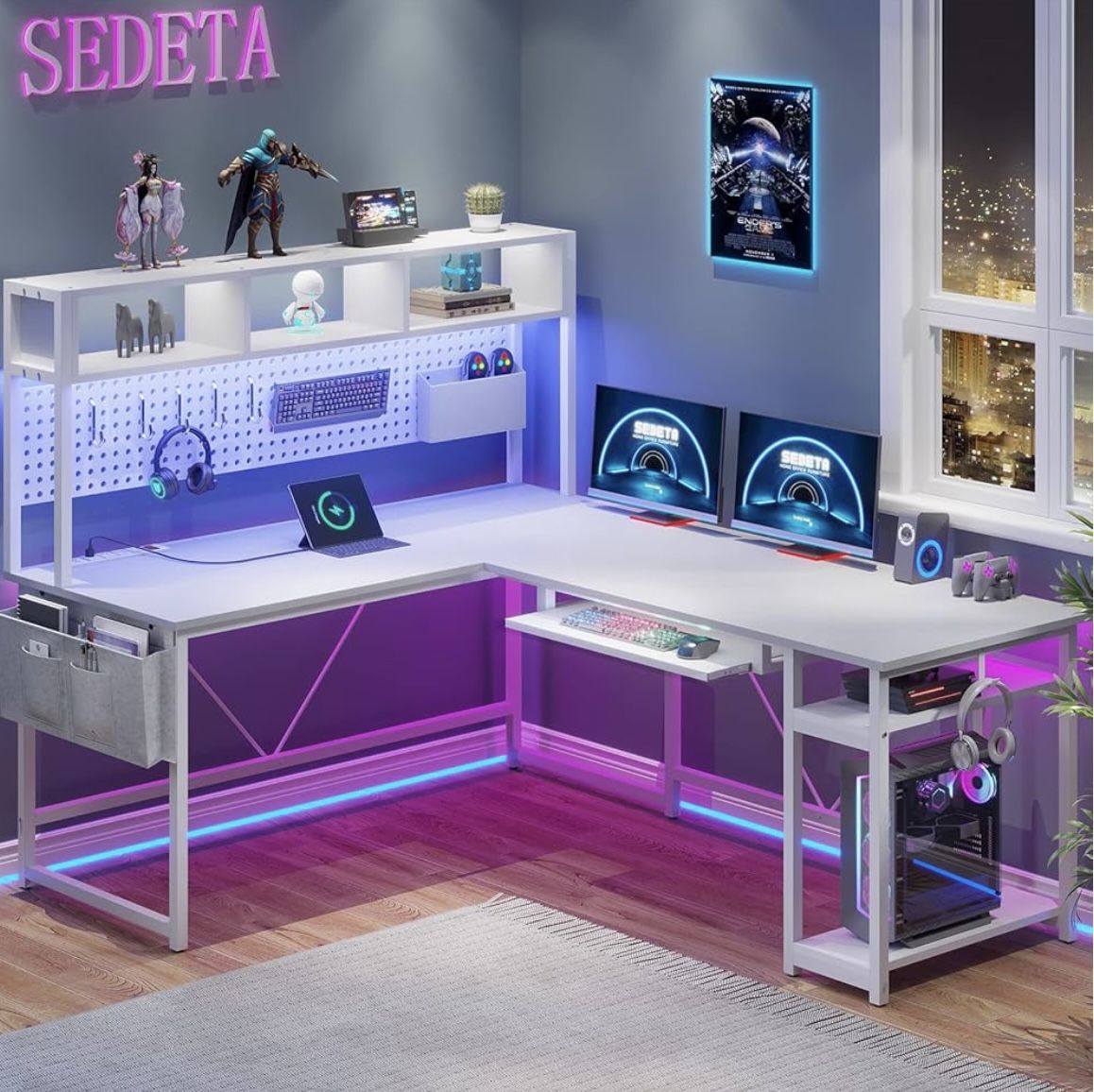New 67” L-Shaped Gaming Desk – LED Lights, USB Ports, Drawers – Retails $250-299