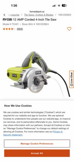 RYOBI 12 AMP Corded 4-Inch Tile Saw Model # TC401 | Store SKU # 1001203924