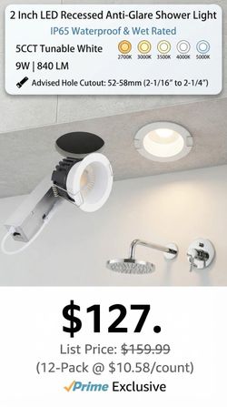 2 Inch LED Recessed Anti-Glare Shower Light 5CCT 9W, 840 LM white