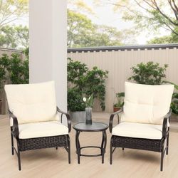 3 Pieces Patio Set Outdoor Wicker Furniture Sets Modern Rattan Chair Conversation Sets with Coffee Table (White)