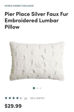 Pair Pillow Silver Faux Fur Embroidered Lumbar Pillows