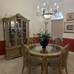 Elegant Dining Table Set and Chandelier + Matching Cabinet 