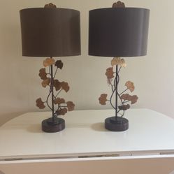 Pair Of Bronze-Metal Ginkgo Leaves With Silk Shades 