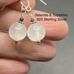 Selenite & Sapphire Genuine .925 Hand Stamped Sterling Silver Earrings
