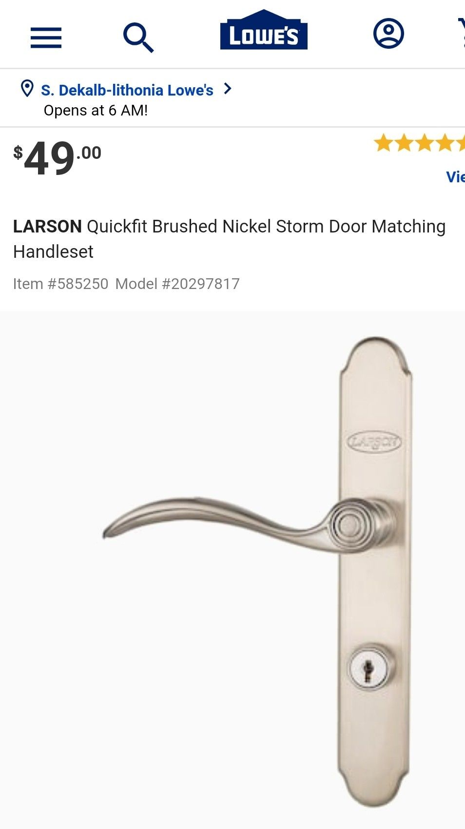 LARSON Quickfit Brushed Nickel Storm Door Matching Handleset