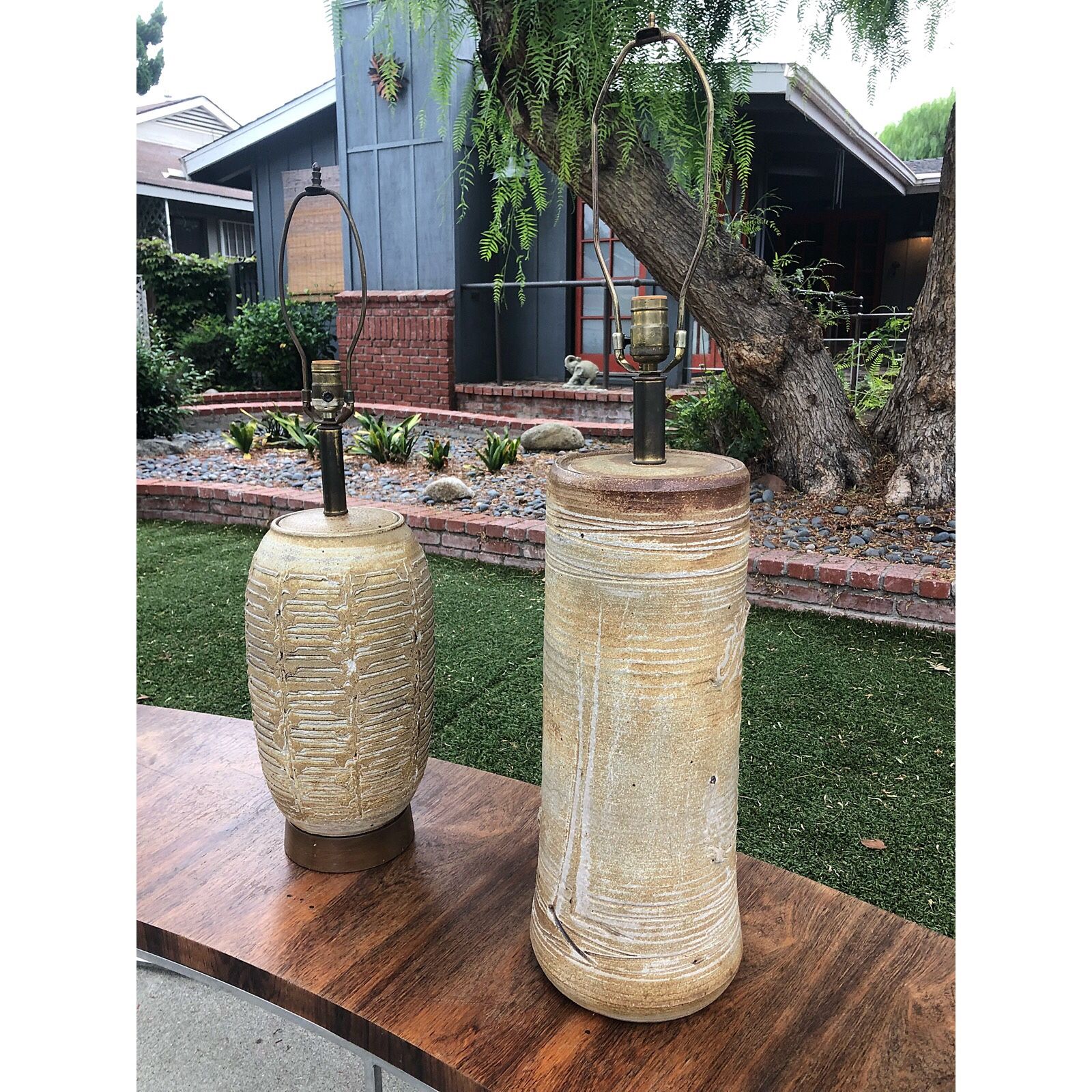 2 Bob Kinzie Hand Crafted Ceramic Lamps for Affiliated Craftsmen MId Century Eames MCM