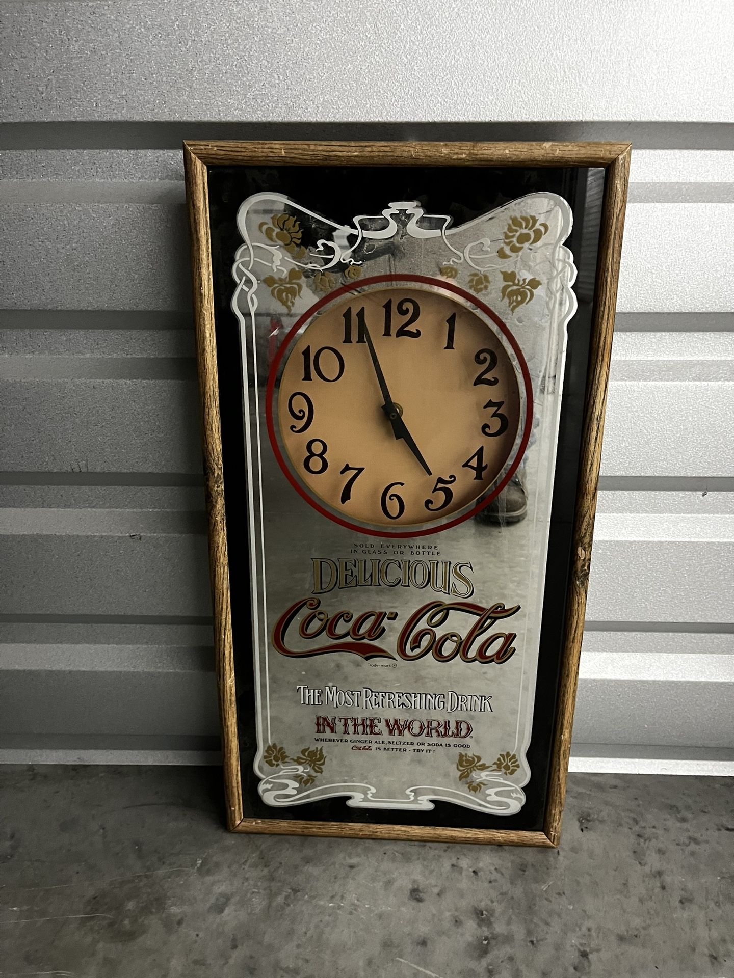 Vintage Coca Cola Mirrored Wall Clock Wood 25x13 Battery Powered Bar Pub Clock
