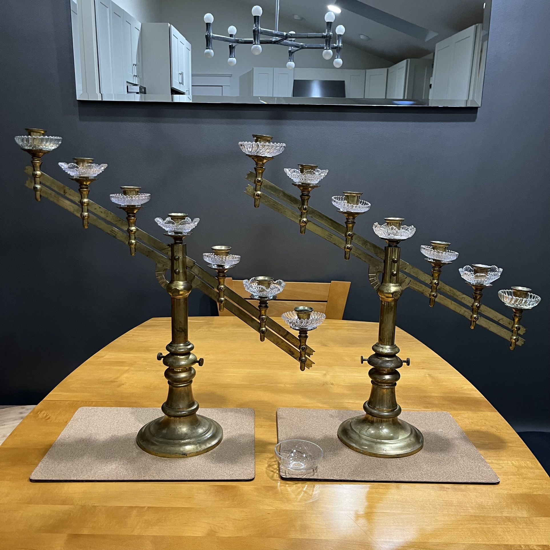 Buy 1 Or 2 :Victorian Church Menorah’s Altar Brass Candelabra Set 2 Adjustable 7 Candlesticks PatD.July 31 1883 Crystal Wax Catchers