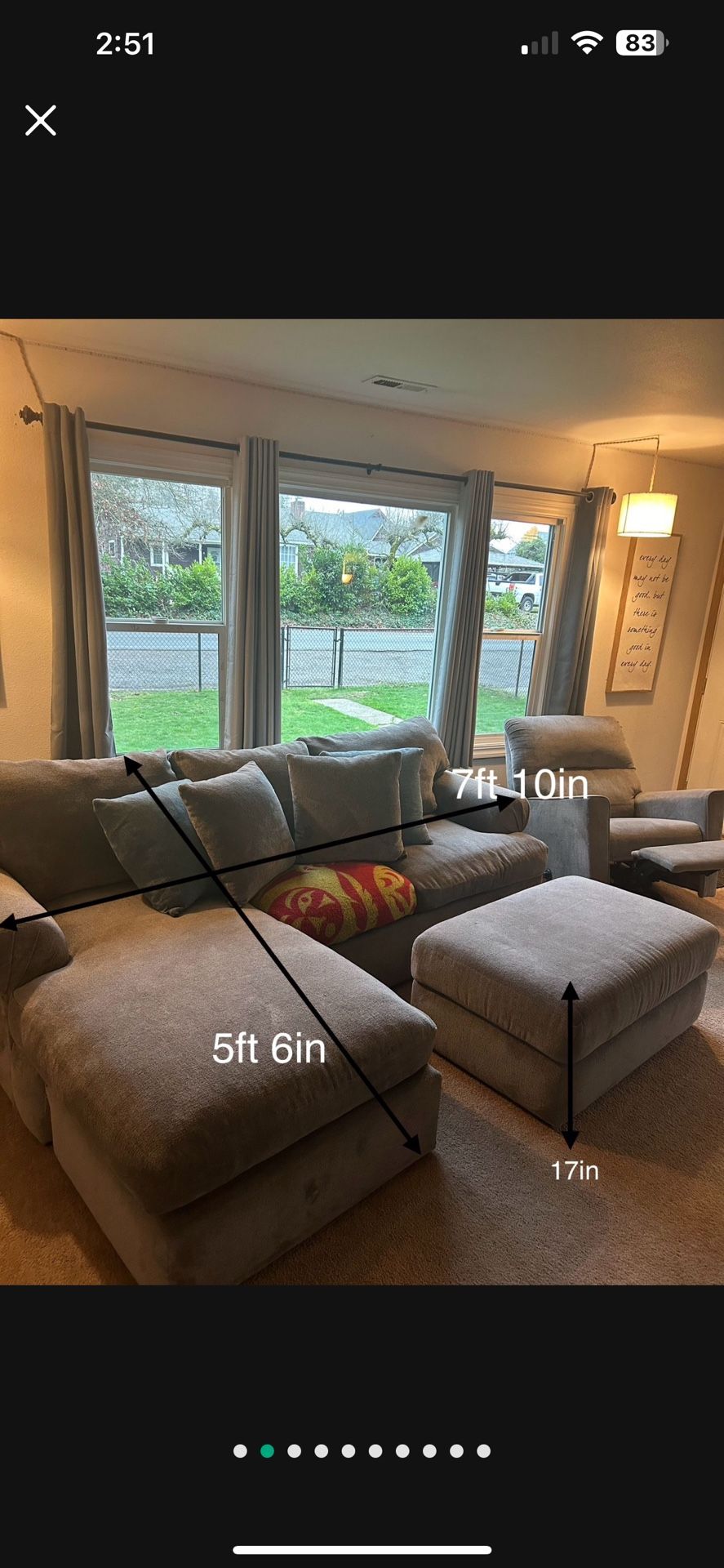 Grey Sectional Couch With Reversible L Plus Ottoman (imperfections pictured)