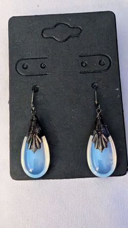 RARE Deadstock Vintage 925 Sterling Silver Opalite Teardrop Earrings - Circa 1970s