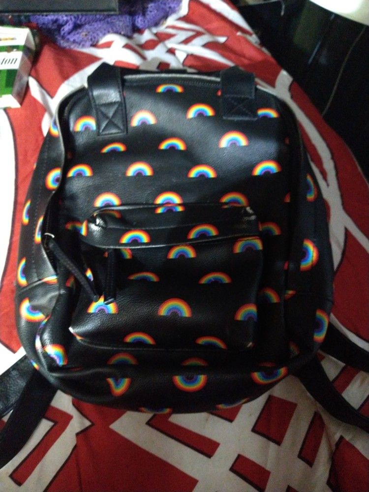 Black Leather Rainbow Backpack Purse