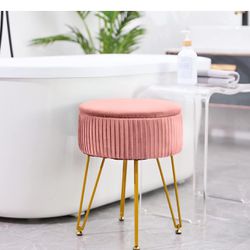 Velvet Storage Ottoman Foot Rest Makeup Footstool Velvet Footrest Chair with 4 Metal Legs Storage Stool and Ottomans for Living Room and Bedroom-Pink
