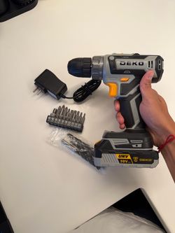 DEKO 20V Cordless Drill with Battery, Charger & Bits