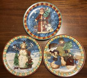 Decorative Christmas Plates Lot Of 3 Santa & Snowmen 10.5" Dia Excellent Condition