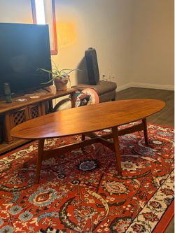 Mid-Century Modern Teak Surfboard Coffee Table - 58" Oval Danish Style