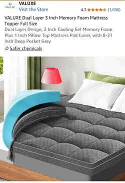 VALUXE Dual Layer 3 Inch Memory Foam Mattress Full Size
Topper Dual Layer Design, 2 Inch Cooling Gel Memory Foam Plus 1 Inch Pillow Top Mattress Pad C