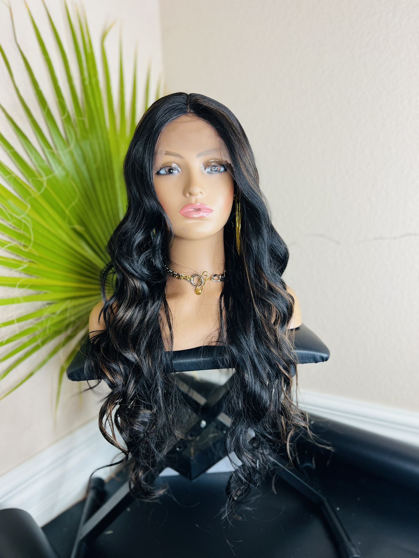 Black Long Curly Wig With Brown Highlights 26 Inch Long Heat Ok