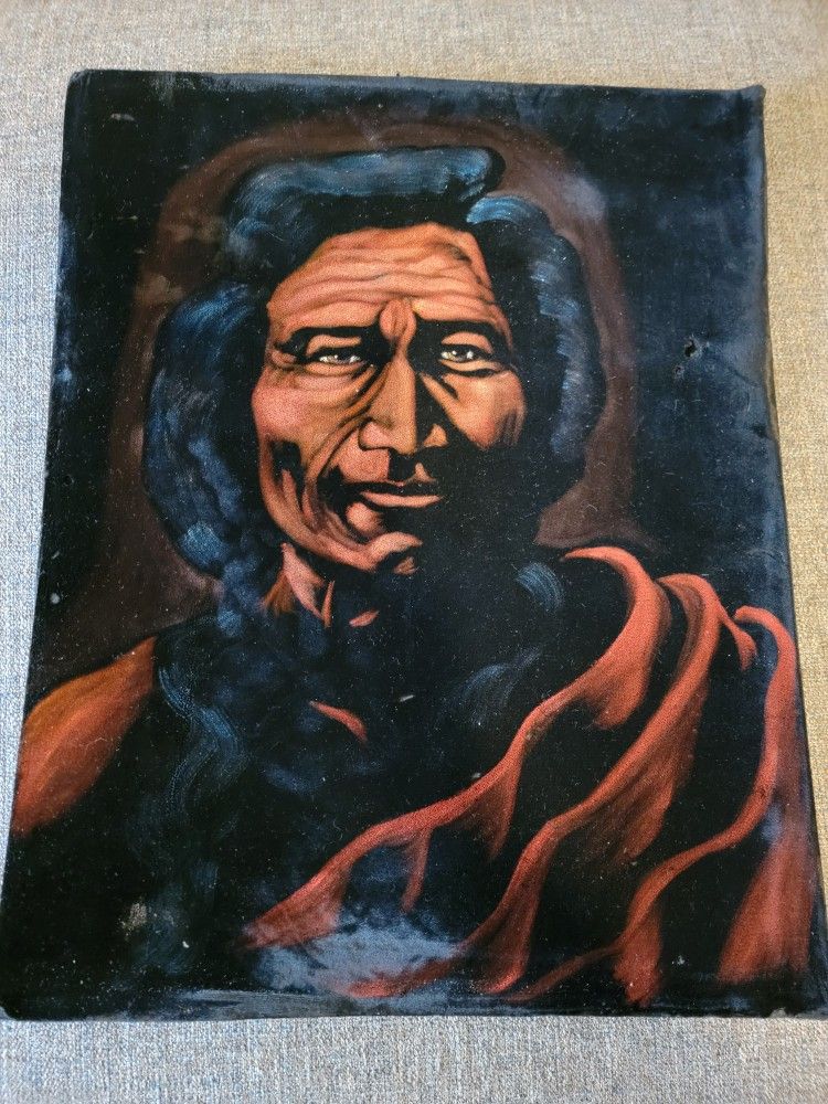 Vintage 16x20 Velvet Native American Painting Signed 1971